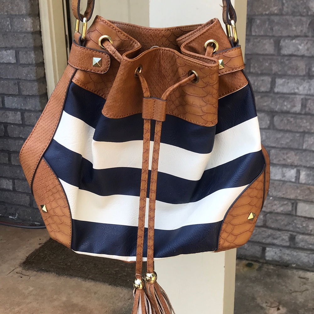Navy/White Stripe Bucket Bag with Tan Leather